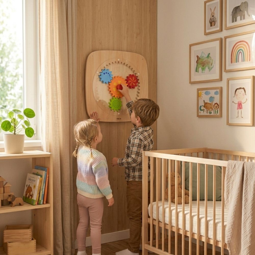 VIGA Drewniana Tablica Manipulacyjna Ścienna KOŁA ZĘBATE Montessori