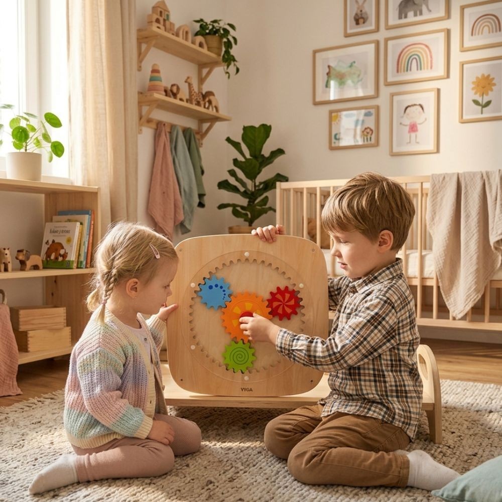 VIGA Drewniana Tablica Manipulacyjna Ścienna KOŁA ZĘBATE Montessori